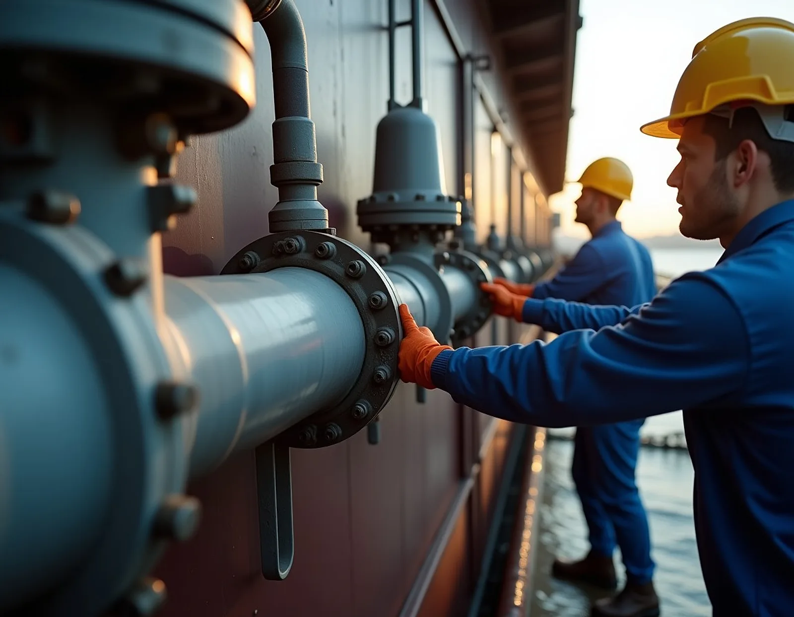 Two workers in hard hats connecting a loading hose to the flanged pipework of a ship manifold
