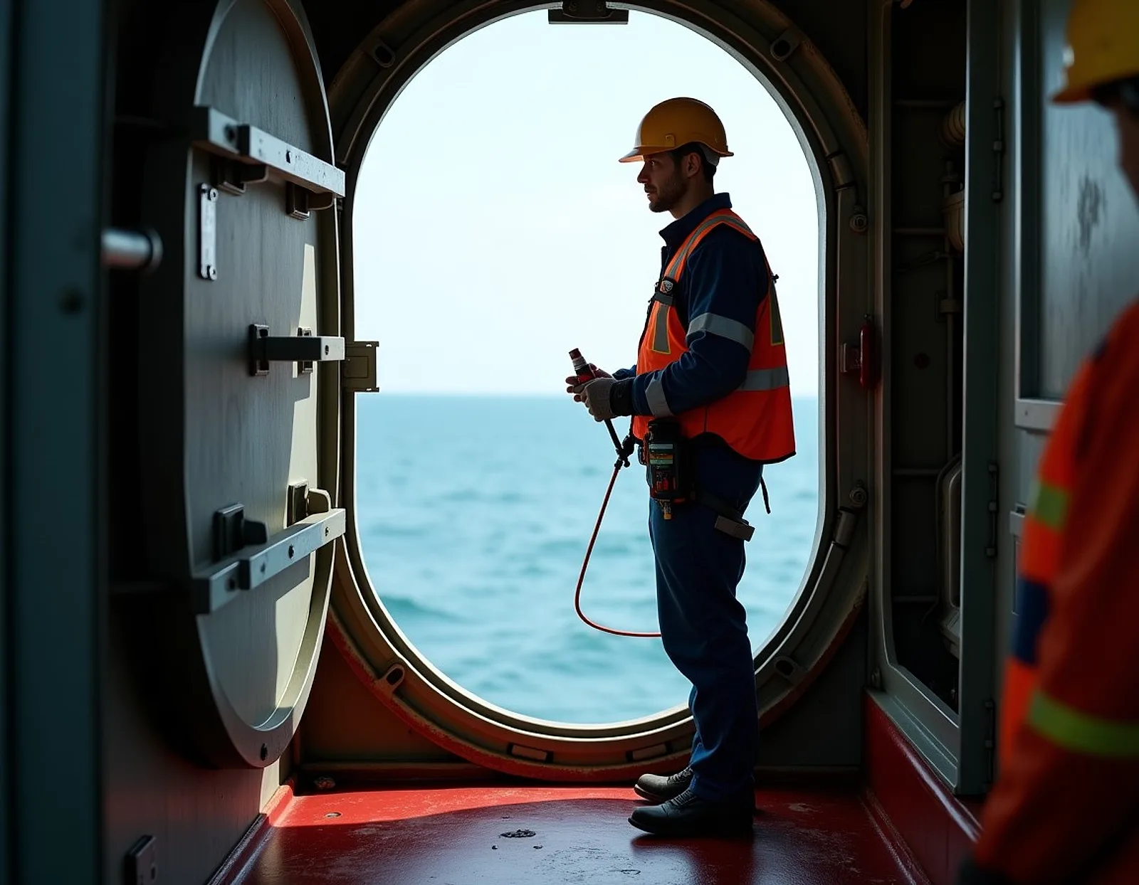 Worker in a harness and helmet at an open ship hatch holding a gas detector and a safety line