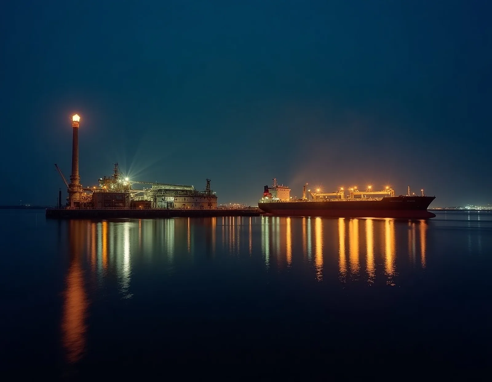 Illuminated terminal and a moored ship at night reflected on dark water