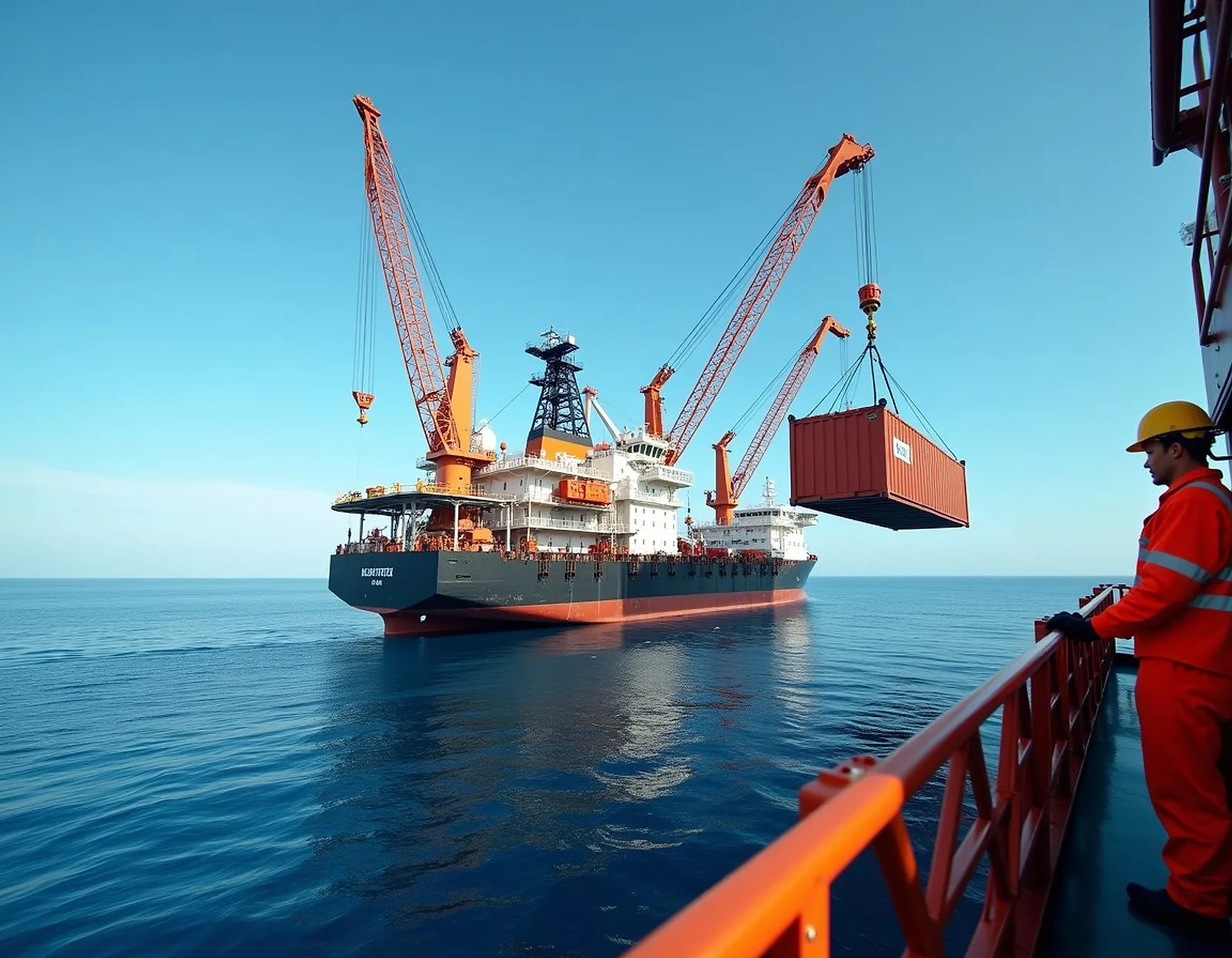 Platform crane lifting a red container down to a supply vessel at sea while a worker in orange watches